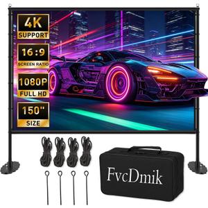 150 inch Projector Screen with Stand, 16:9 4K HD Portable Outdoor Movie Screen, Wrinkle-Free Foldable Indoor Projection Screen with Carry Bag & Ground Nails for Backyard Cinema Home Theater