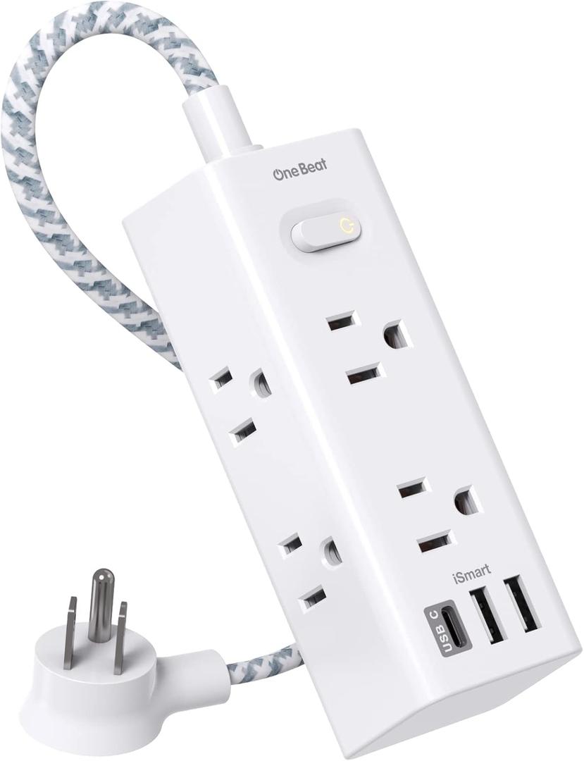 One Beat Short Extension Cord 1Ft, Flat Plug Power Strip Surge Protector - 6 Widely Outlets with 3 USB Ports (1 USB C), Wall Mount Small Power Strip for Travel, Home Office College Dorm Essentials