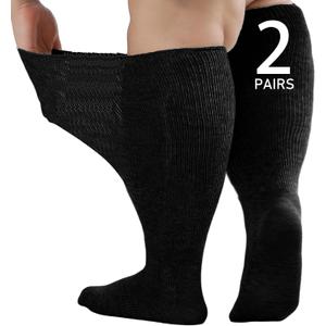 Wide Diabetic Socks for Men Women Plus Size, Extra Long Edema Sock with Thickened Sole, Non-Binding Loose Fit Socks for Swollen Feet, Lymphedema,Neuropathy- 2 Pairs Black