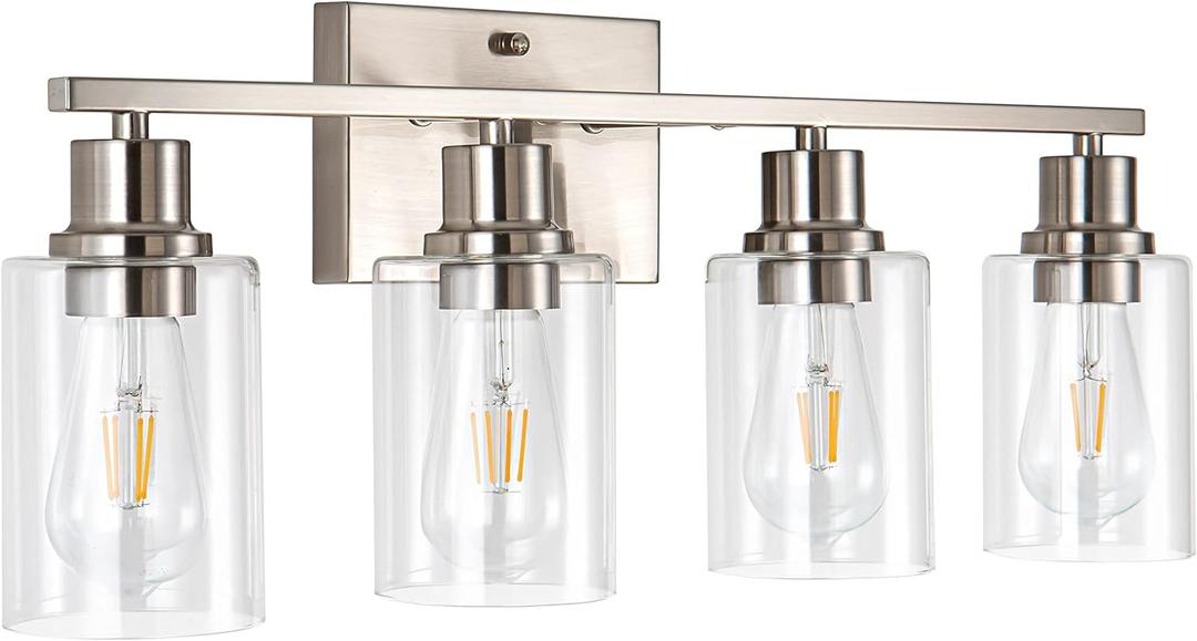 4-Light Bathroom Light Fixtures, Brushed Nickel Vanity Light with Clear Glass Shade, Modern Wall Sconce for Mirror Bedroom Hallway Farmhouse Kitchen (Nickel 4-Light)