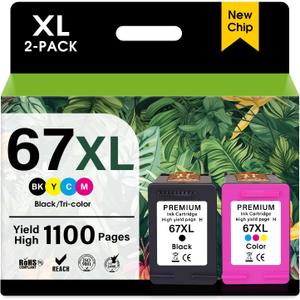JANMORE 67XL Printer Ink Cartridge High Yield Replacement for HP Ink 67 XL for HP DeskJet 1255 2755 2722 2700e Plus 4152 4155 Envy 6052 Pro 6052 6455 (1 Black, 1 Color)