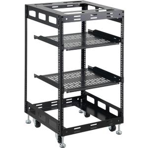 15U Open Frame Rack for Servers & AV Gear - Wall Mountable Design Includes 2X Vented Shelves, 4X Leveling Feet, 4X Casters
