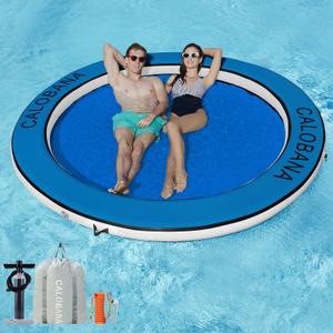 CALOBANA 10ft Heavy Duty Inflatable Water Hammock, Round Floating Ring Float Island Platform River Floats Lake Raft Tanning Pool Lounger for Adults Party, Blue