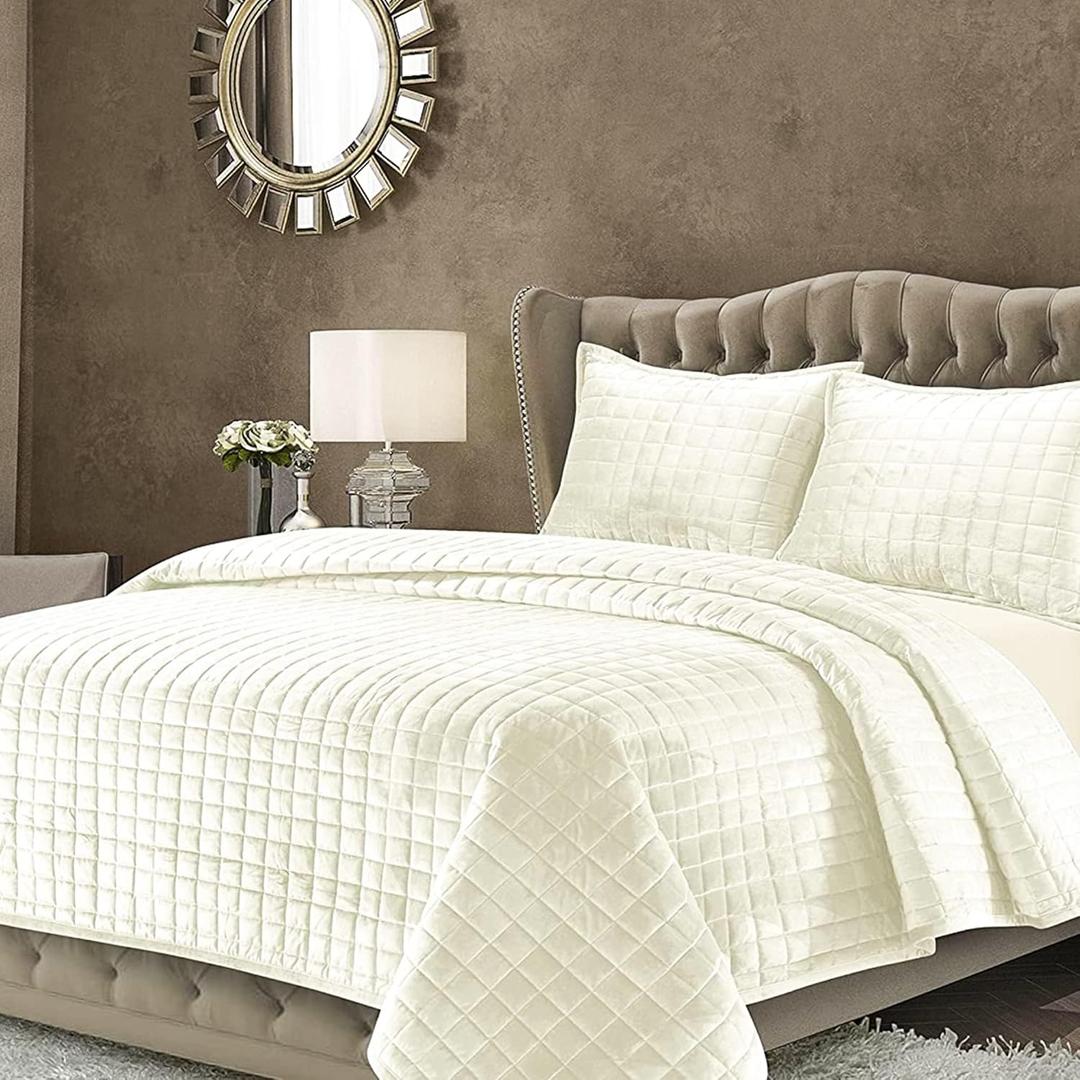 Tribeca Living Luxury Velvet Quilt Set King Bedding Set, 260 GSM Soft Velvet Oversized Comforter Set, Florence Box Stitch Premium Bedspread Coverlet for All Season, with 2 Pillow Shams, Ivory
