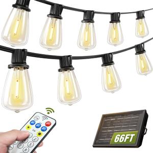 Solar String Lights Outdoor Waterproof with Remote & Timer, LED Shatterproof ST38 Bulbs, USB & Solar Powered Patio Lights for Backyard, Porch, Garden, Wedding, Christmas Decor (66FT)