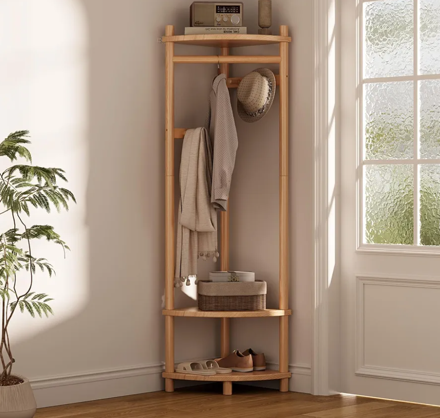 Solid Wood Corner Hall Tree with Hanging Clothes Rod, 4 Hooks Coat Rack with Storage Rack, Clothes Rack for Bedroom Entryway (Natural)
