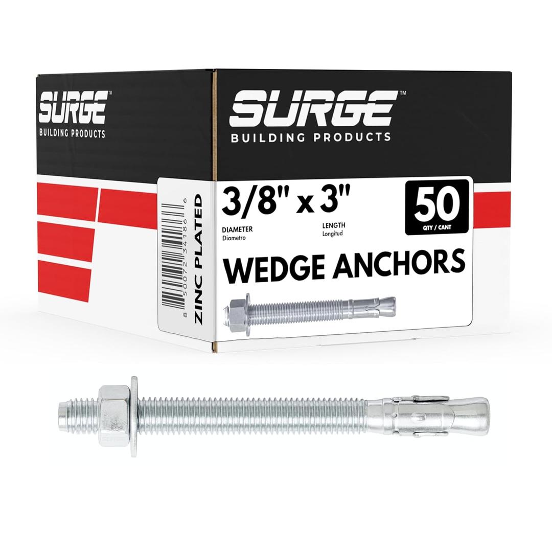 3/8" x 3" Zinc-Plated Wedge Anchors for Concrete and Cement | Heavy-Duty 3/8 Concrete Anchors (Box of 50)