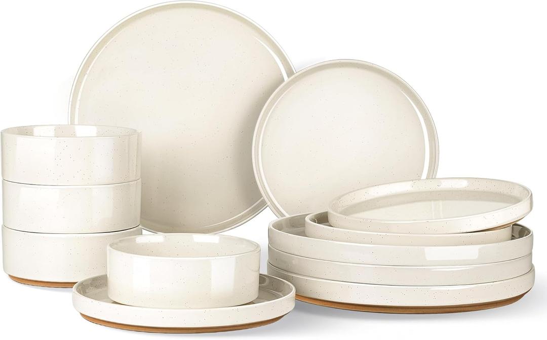 AmorArc Ceramic Dinnerware Set for 4 | Speckled Stoneware Plates and Bowls with unglazed terracotta | Scratch Resistant, Dishwasher & Microwave Safe Dishes Sets- 12-Pcs Beige