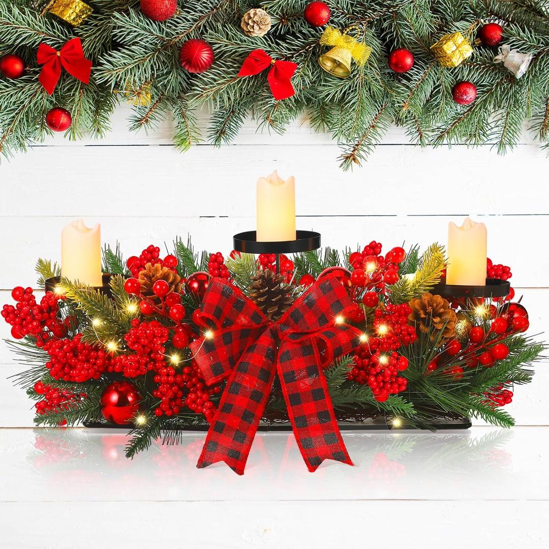 Christmas Centerpiece with 3 Candle Holders 3 LED Candles 1 String Lights Xmas Triple Candelabrum Poinsettia Red Buffalo Plaid Bow Berry Pine Cones with 3 Candle Holders for Tables Home Decorations (Trendy Style)