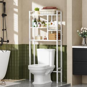 Over The Toilet Storage Rack, 3-Tier Bathroom Organizer Over Toilet, Wooden Above Toilet Storage Shelf, Space Saver, Freestanding Bathroom Storage Metal Shelf, Easy to Assemble, White