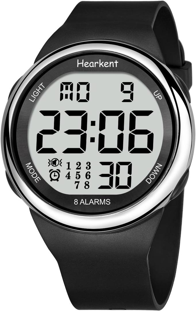 8 Vibrating Alarm Watch Medication Reminder Watch for Elderly Big Number Digital, Silent Alarm Wristband with Light and Timer 50 M Waterproof Watch (silver)