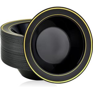 JOLLY PARTY 50PCS Black Plastic Bowls with Gold Rim-12oz, Christmas Thanksgiving Premium Disposable Soup Dessert Salad Bowls for Wedding/Party/Halloween