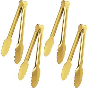 XEVOM Gold Buffet Tongs - 4 Pack, 9 Inch, Stainless Steel Gold Plated Serving Tongs