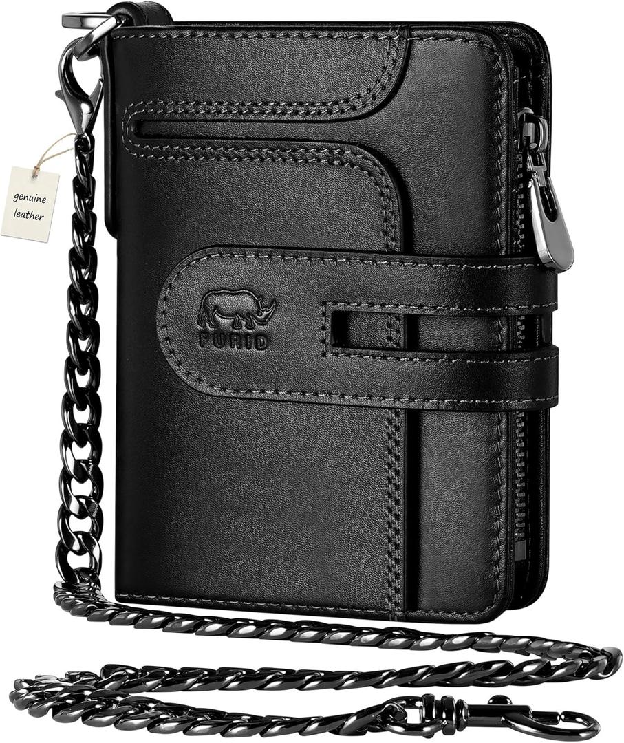 furid Genuine Leather Chain Wallet: RFID Blocking Men's Wallet with Anti-Theft Chain - Bifold Zipper Coin Pocket Holds 15+ Cards - Gift for Motorcyclists Outdoor Workers Travelers on Birthday (T20_Black)