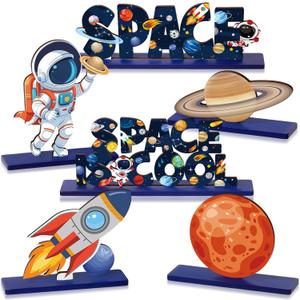 6 Pcs Space Party Decoration Outer Space Tiered Tray Decoration Astronaut Rocket Planet Centerpieces for Table Wooden Standing Block for Space birthday Party supplies