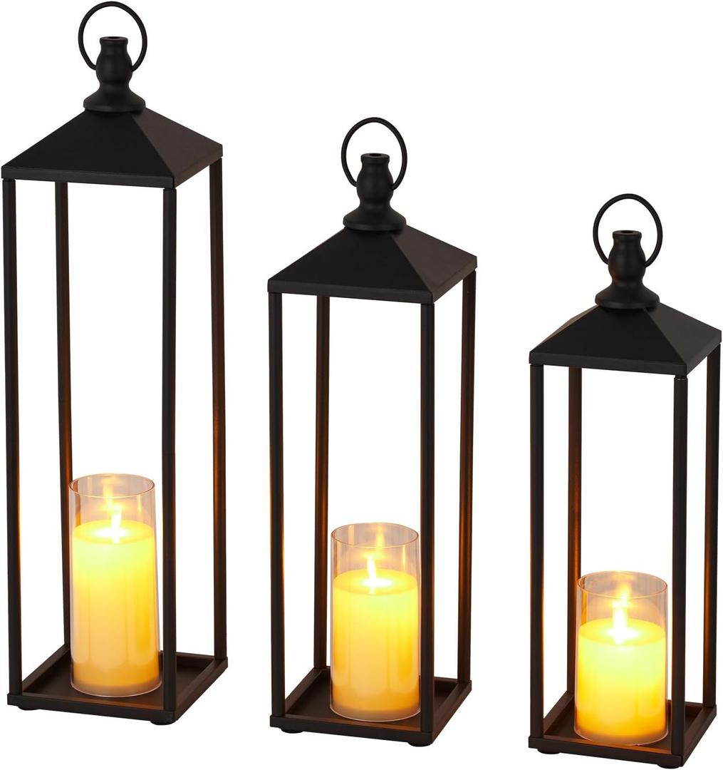 22" 19" 17" Lanterns Decorative Outdoor & Indoor, Set of 3 Modern Metal Black Lantern with Flameless LED Candles, Halloween & Christmas Decorative Lanterns for Home, Patio, Porch, Garden, Floor
