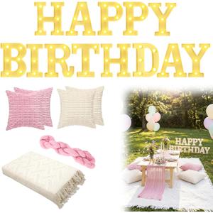 Redbaker Happy Birthday Picnic Ideas Happy Birthday Light up Letters with 91 x 71 Extra Large Boho Blanket Pink Table Runner Decorations for Outdoor Luxury Picnic Tea Party Engagement Anniversary Day