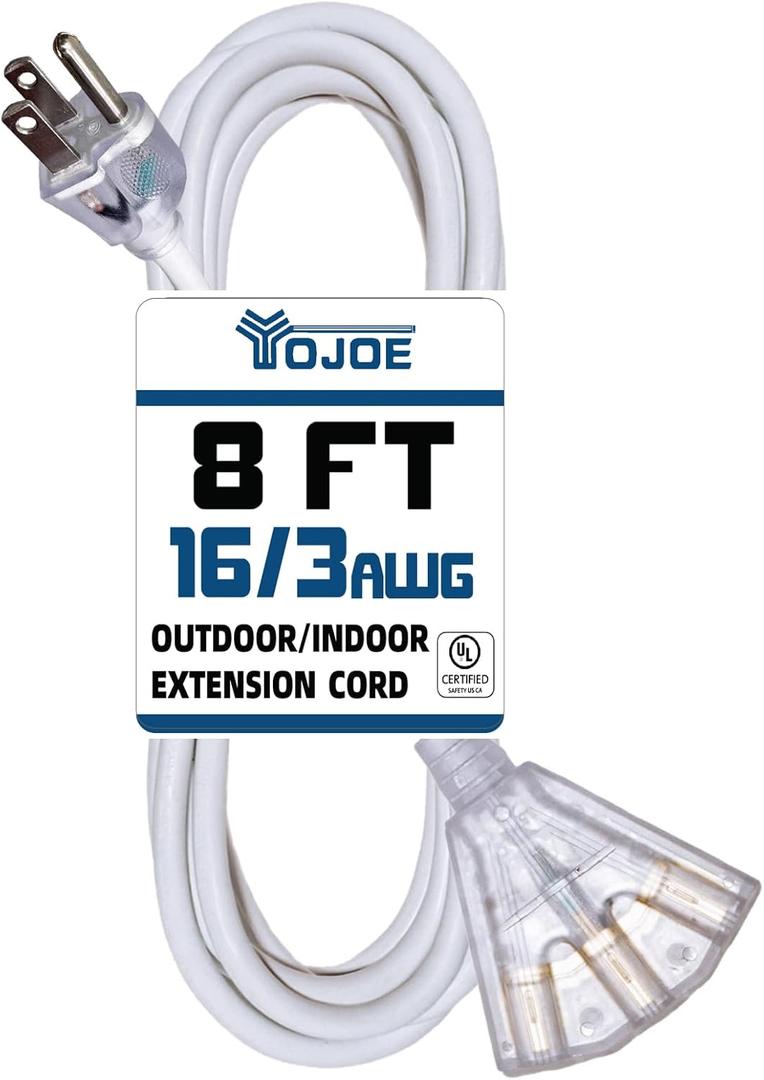 YOJOE 3-Outlets Indoor Outdoor Extension Cord with Lighted End, 3 Prong 13A Weatherproof Power Cord, 16 Gauge Heavy Duty 8 ft White Extension Cord Multiple Outlets, 16/3 SJTW UL Listed