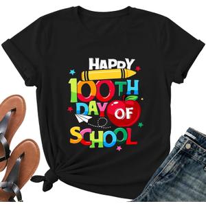Happy 100 Days of School Teacher Shirt-Women 100th Day Teacher Life Short Sleeve Cute School Day Tee Top (XXL, 013black)