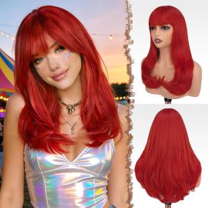 FESHFEN Long Wigs with Bangs, Synthetic Natural Looking Layered Straight Hair Wig for Women Daily Party Use 18 inch, Red Copper