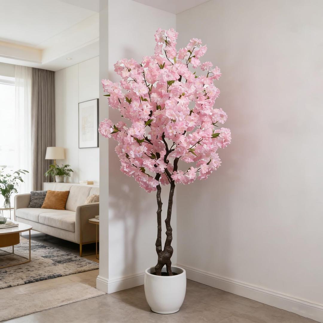 BINCUE Artificial Pink Cherry Blossom Tree Fake Tree Cherry Blossom Decor Fake Flowers Faux Flowering Tree Pink Flowers Floral for Indoor Outdoor Room Home Decor Spring Gift 6FT
