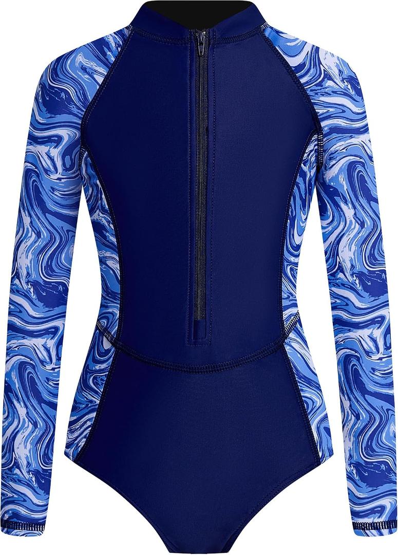 JiAmy Girl's One Piece Rashguard Swimsuit Long Sleeve Zipper UPF 50+ Sun Protection Bathing Suits Swimwear