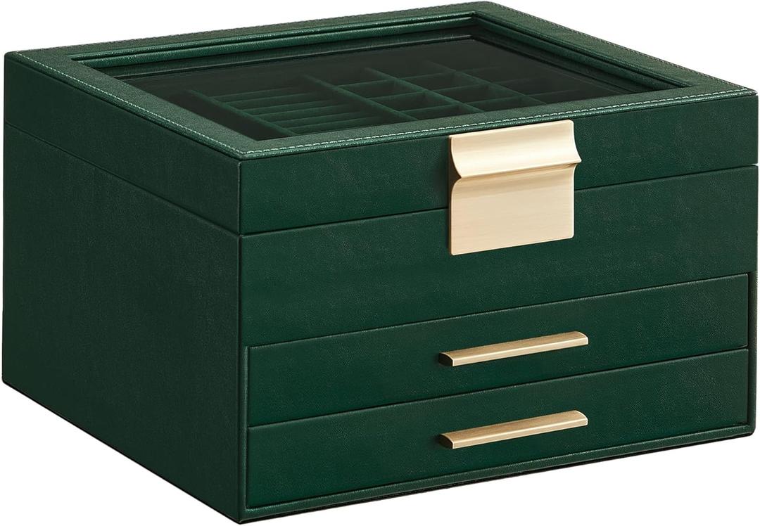 SONGMICS Jewelry Box Organizer with Glass Lid, 3-Layer Jewelry Storage, with 2 Drawers, Modern Style, 8 x 9.1 x 5.3 Inches, Forest Green and Gold Color UJBC239C01