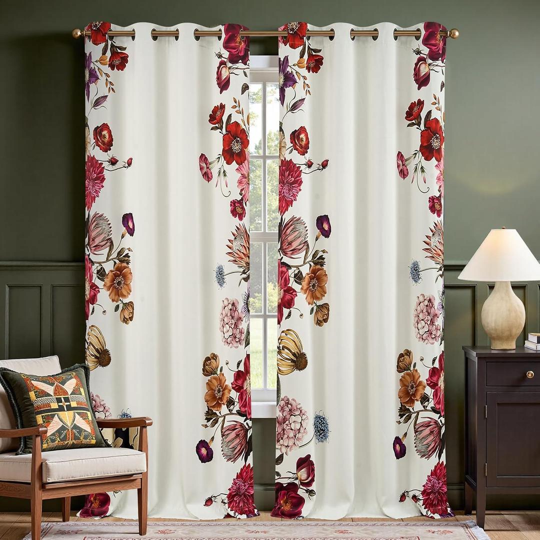 jinchan Hannah Floral Blackout Curtains with Retro Vintage Flower Print Drapes for Bedroom Living Room Fall Decor Winter Window Curtains Room Darkening 96 Inches Length 2 Panels with Grommet Eggshell
