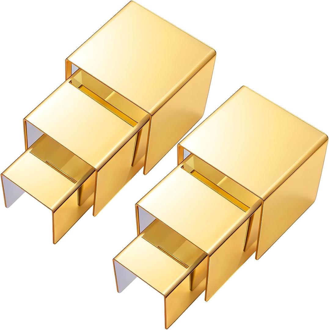 Chuangdi 2 Sets Acrylic Display Risers, Product Stand, Jewelry Display Riser Shelf Showcase Fixtures for Dessert Cupcake Candy Figure Treat Action Showcase (Gold,Medium Set)