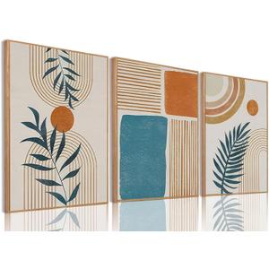 Boho Abstract Botanical Framed Canvas Wall Art Set of 3, 16x24 inch, 16"x24"Natural