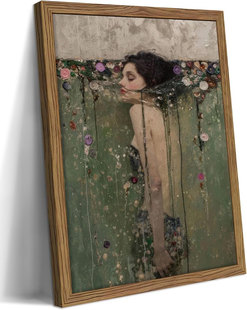 Vintage Woman Wall Art, Dark Academia Woman in Water Canvas Wall Decor Painting, Victorian Goth Floral Artwork Prints Pictures for Living Room Bedroom 16x24 Inch Wood Framed