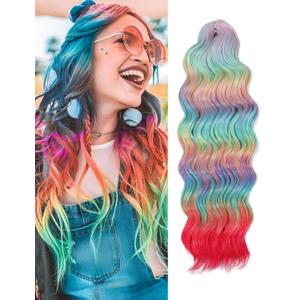 300g Curly Braiding Hair Rainbow Peafowl Ocean Wave Crochet Hair Long Synthetic Loose Deep Wavy Twist Hair for Boho Braids (20 Inch)