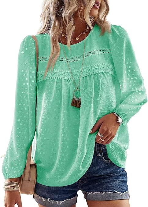 Falechay Boho Tops for Women Long Sleeve Shirts Crewneck Flowy Womens Blouses Dressy Casual Lace Hem Clothing Trendy 2026, Size: 5X-Large