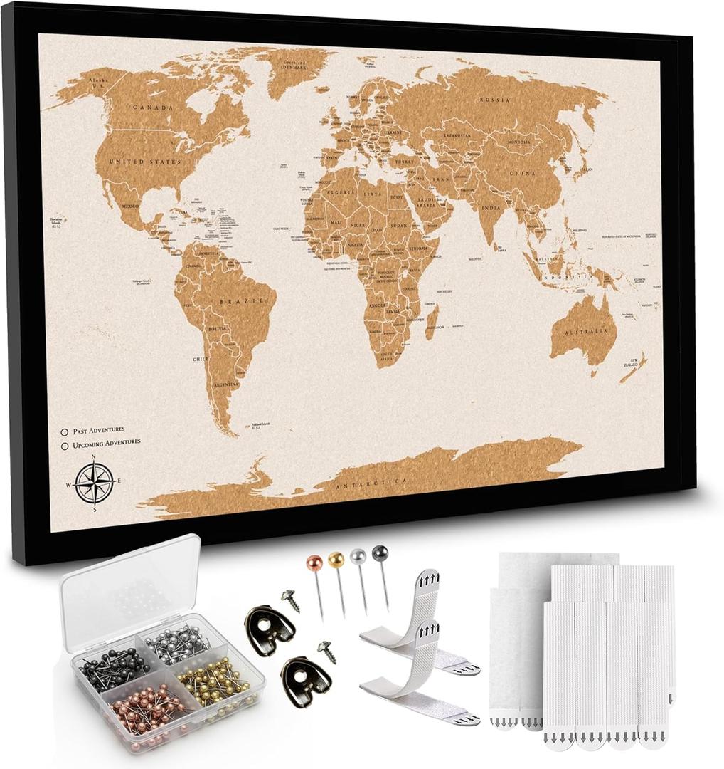 Large Push Pin World Travel Map  30" x 20" Framed Cork Board Wall Art, Modern World Map with 200 Unique Pins for Tracking Adventures, A Premium Gift for Travelers, Couples and Families