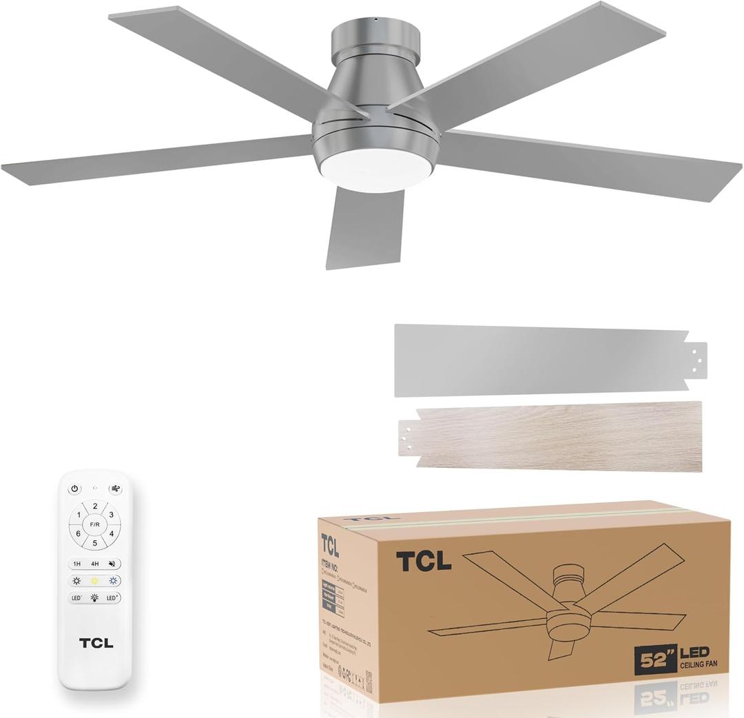 TCL 52" Silver Ceiling Fan with Light and Remote, Modern LED 3-Color, Quiet Motor for Bedroom, Living Room, Dining Room, Ceiling Fans with Lights (Silver)