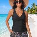 Hilor Women's Underwire Tankini Top Tummy Control Bathing Suits Sexy V Neck Crossover Swim Top Only (Black, XL)