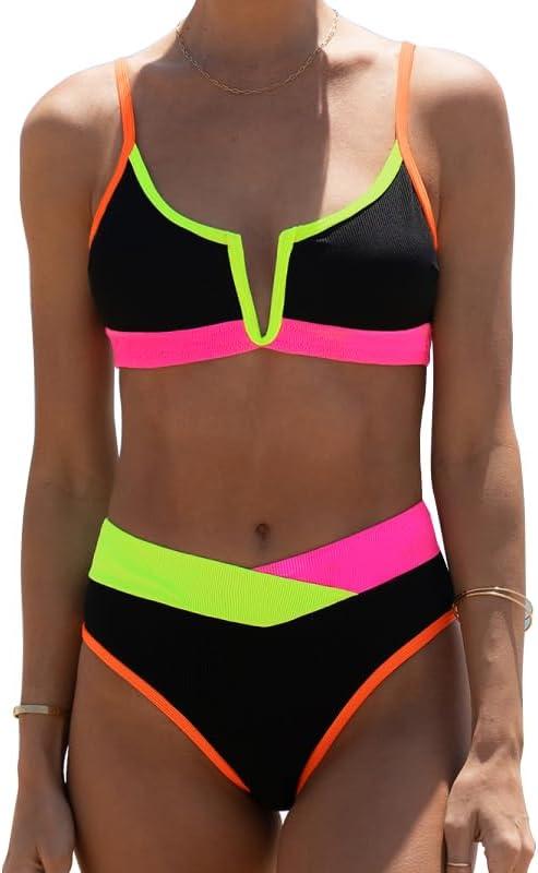 HYTENSUN Women's High Waisted Colorblock V Cut Bikini Ribbed V-Wired High Cut Cami Two Pieces Swimsuit, XL