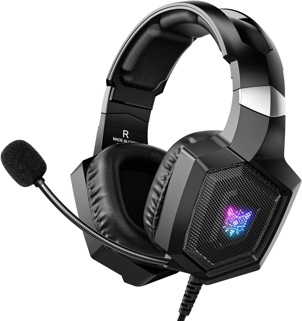 Gaming Headset with Microphone, Gaming Headphones Compatible for PS4 PS5 Xbox PC with RGB Lights, PlayStation Headset with Noise Reduction 7.1 Surround Sound Over-Ear and Wired 3.5mm Jack (Black)