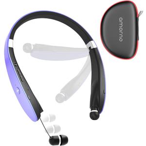 AMORNO Foldable Bluetooth Headphones Wireless Neckband Headset with Retractable Earbuds, Sports Sweatproof Noise Cancelling Stereo Earphones with Mic (Purple)
