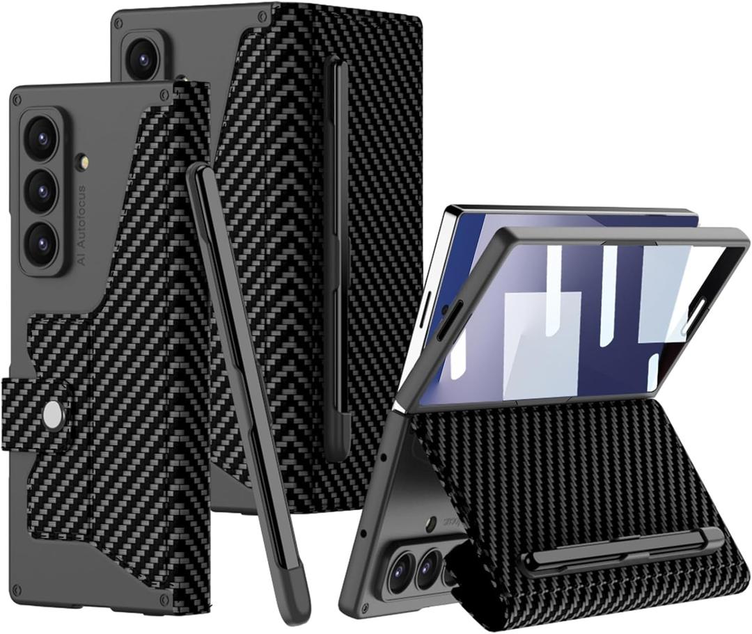 DEMCERT for Samsung Galaxy Z Fold 7 Case with [ Pen ], Armor Full Body Protective [Removable Pen Slot], Anti-Scratch Hard Slim Leather Bracket Case with Screen Protector (Carbon Fibre)