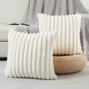FUTEI Cream White Striped Decorative Throw Pillow Covers 26x26 Inch Set of 2,Square Spring Decorations Couch Euro Pillow Shams,Soft Cozy Faux Rabbit Fur & Velvet Back,Modern Home Decor for Bed