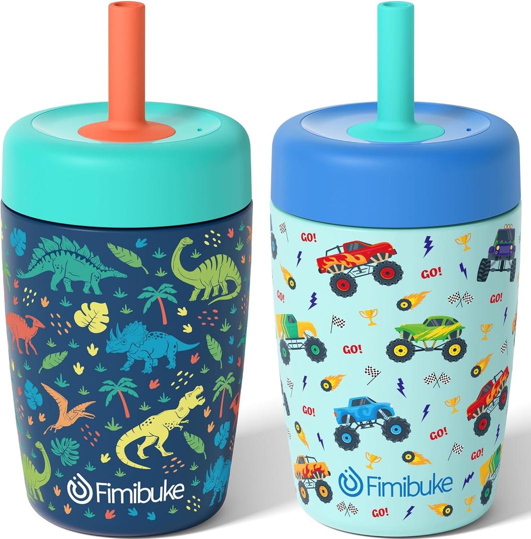 Fimibuke Kids & Toddler Cups Spill Proof, 12 OZ Insulated Sippy Cups for Toddlers Boys Girls, BPA-Free Toddler Straw Tumbler, Stainless Steel Kids Water Bottle with Twist Lids & Silicone Straw, 2 Pack (Dinosaur & Monster Trucks)