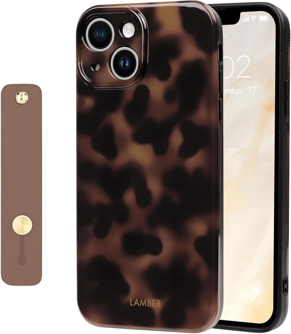 NITITOP Compatible for iPhone 14 Plus / 15 Plus Case with Wrist Strap Cute Stylish Leopard Print Amber Tortoise Design for Women Girls Men Soft TPU Shockproof Protective Cover - Brown2