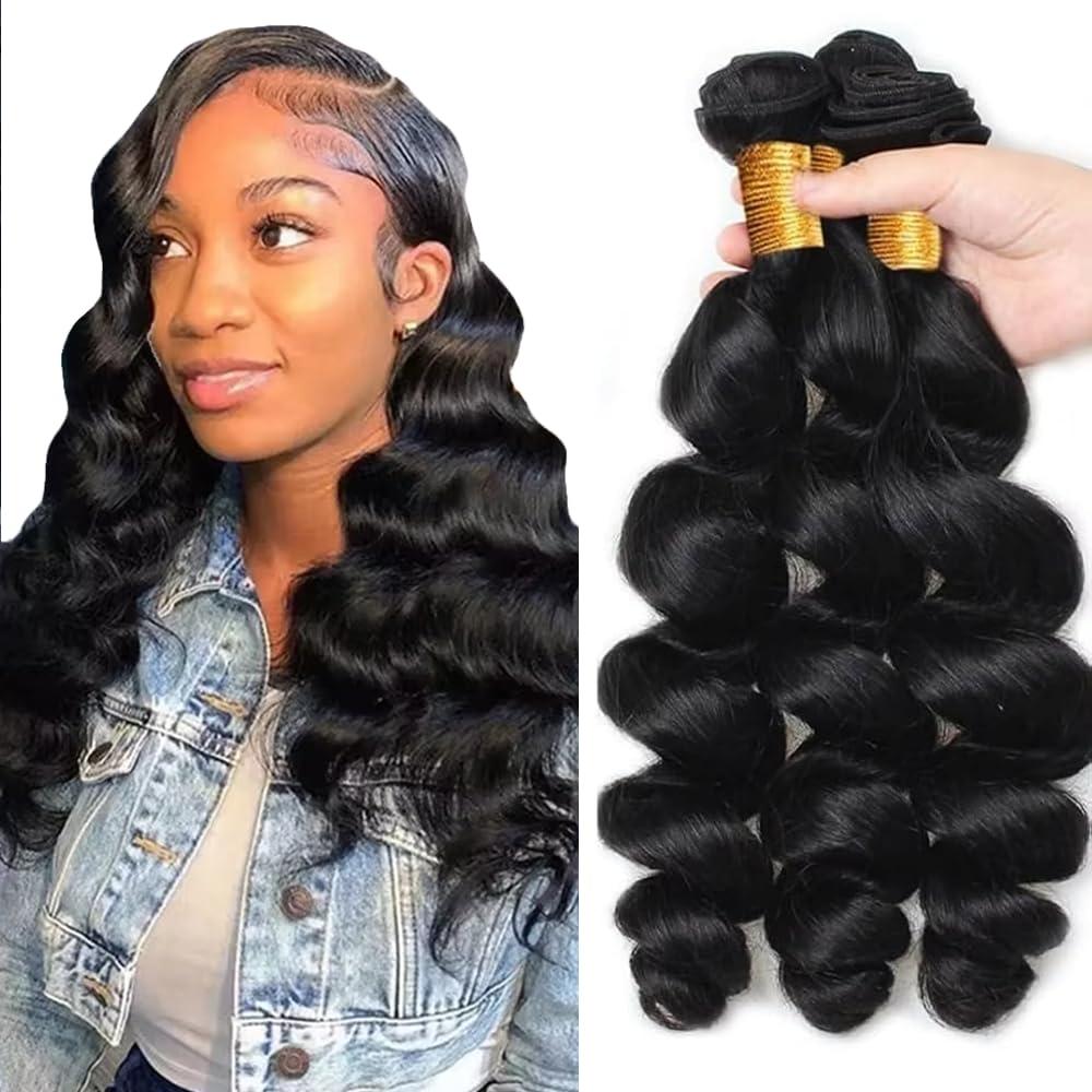 Human Hair Bundles #1B Natural Color Loose Deep Wave Bundles 24 26 28 Inch Unprocessed Brazilian Virgin Hair 3 Bundle 50 Gram Per Bundle Deals Quick Weave Hair Extensions