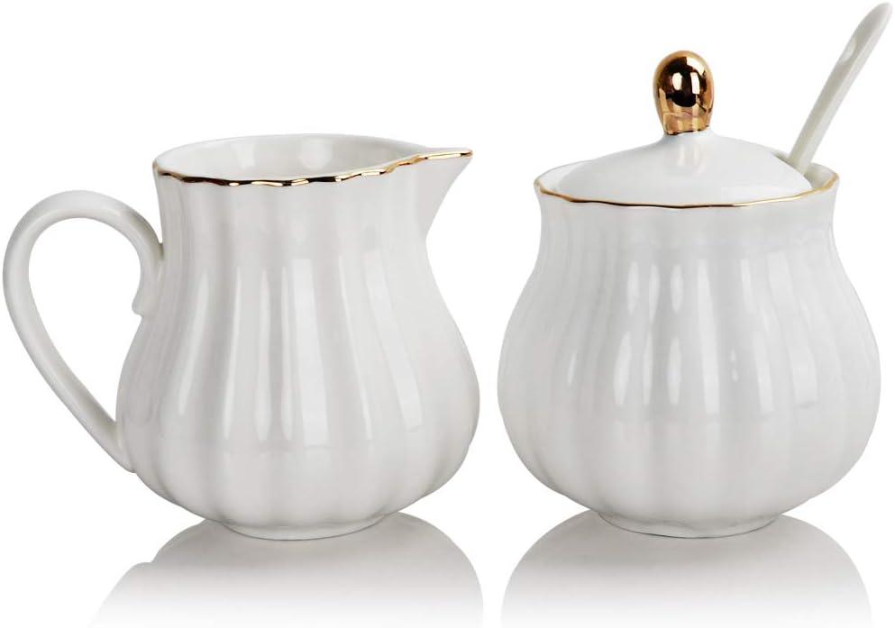 Sweejar Royal Ceramic Sugar and Creamer Set, 3 Piece Set with Cream Pitcher, Sugar Bowl, Sugar Set with Lid & Spoon, Coffee Serving Set Wedding Gift(White)