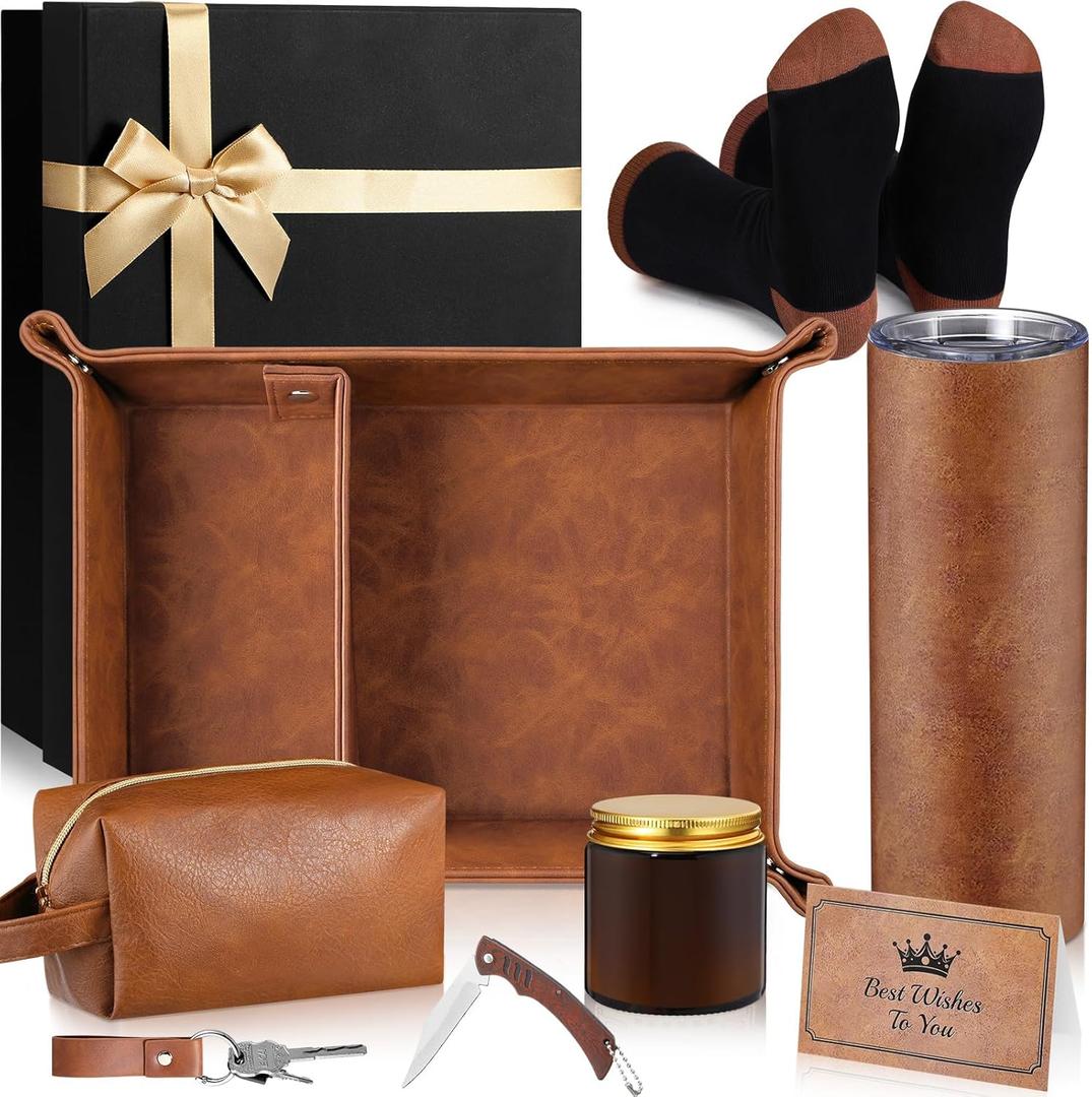 Sieral 10 Pcs Men Gift Set Box for Men Valentine's Birthday Anniversary Basket with Leather Tray Tumbler Socks Toiletry Bag Candle Wood Knife Gifts for Dad Husband Grandpa from Wife Son Daughter