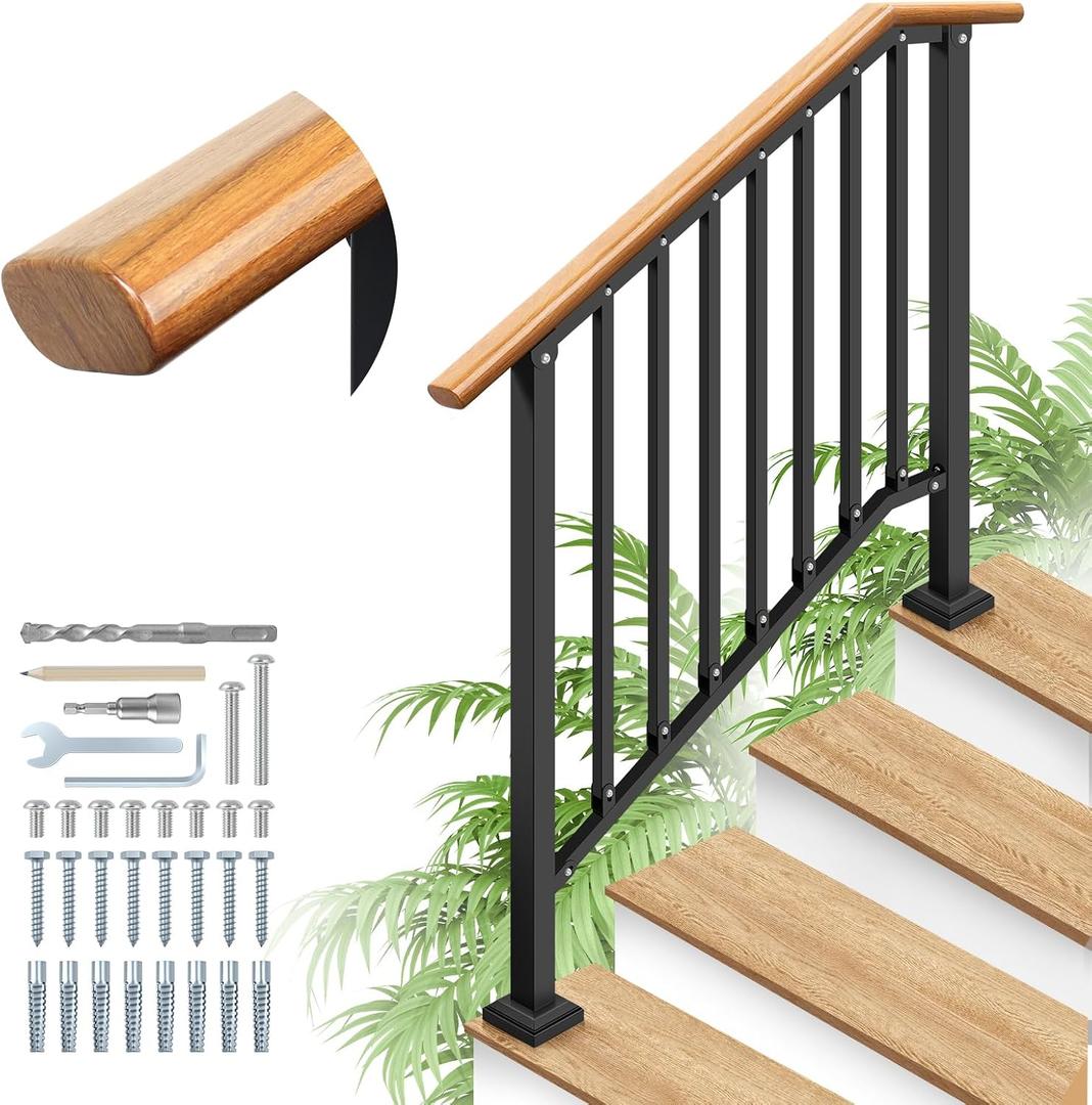 Hand Rails for Outdoor Steps 4-Step Railing Metal Wood-Grain