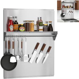 24"x30" Stainless Steel Range Backsplash, Stove Backsplash With Storage Shelf & Magnetic Knife Rack, Stainless Steel Backsplash For Stove, Range Hood Wall Shield With Pre-Drilled Holes