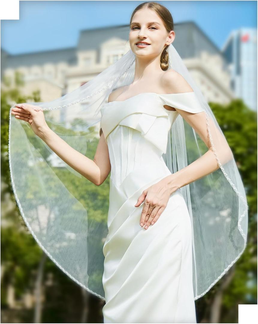 1 Tier Wedding Veils for Brides Fingertip Length Wedding Veils for Women Soft Tulle Lace Fingertip Veil, Metal Comb (White)