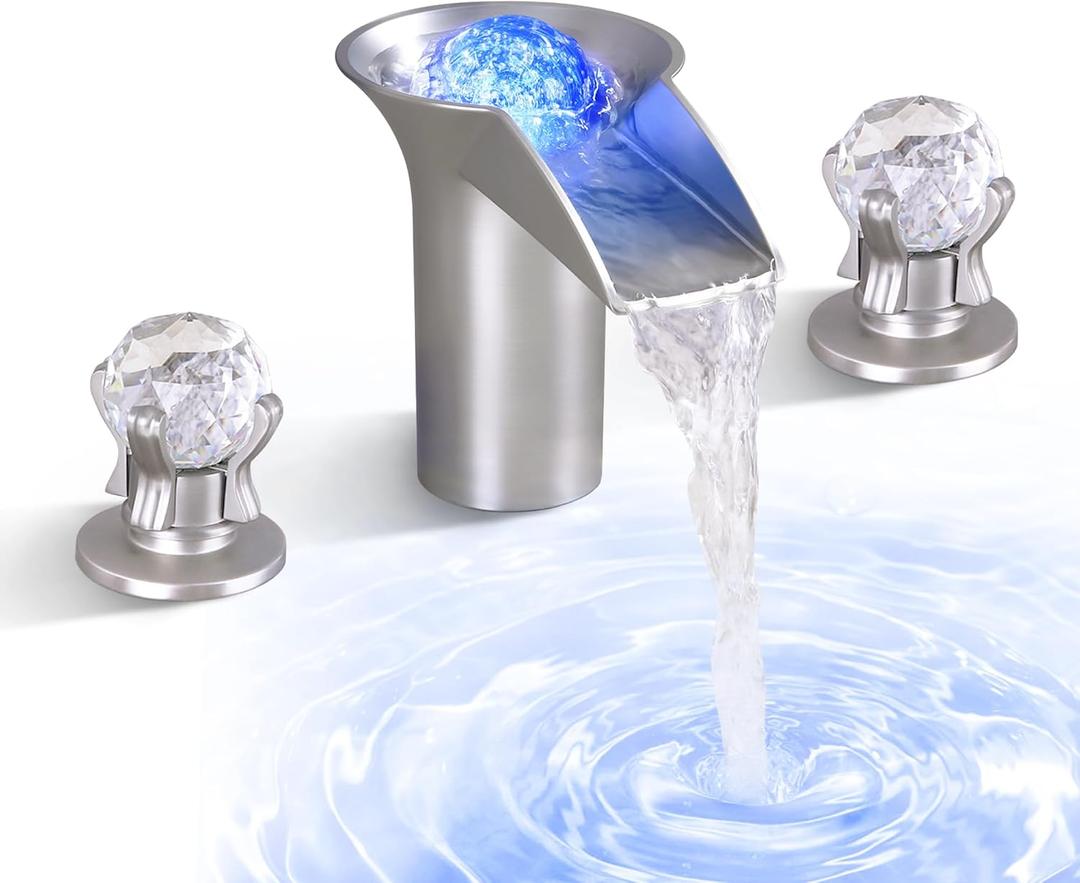 SKOWLL LED Waterfall Bathroom Faucet, Rotating Crystal with 3 Hole 8 Inch, 2 Handle Bathroom Faucets, Brushed Nickel